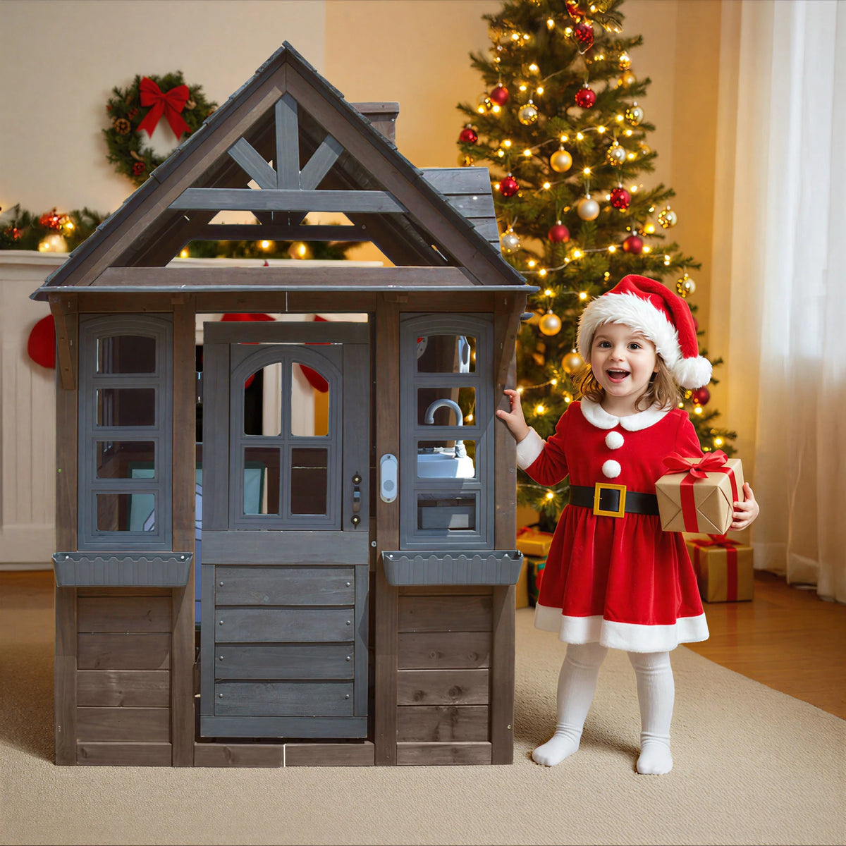 COCLUB Outdoor Playhouse for Kids Ages 4-8, Wooden Play House with Doorbell, Phone, Kitchen Toys, Outdoor Kids Play Equipment, Casa Para Ni?as (45��L x 65��H), White & Black