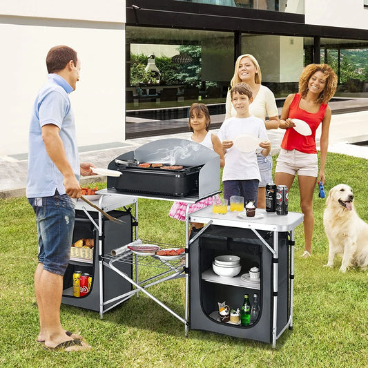 Camping Kitchen Table with Storage, Aluminum Portable Outdoor Cooking Table with Windscreen, Foldable Camp Table Cook Station for BBQ, Grill, Party, Picnics