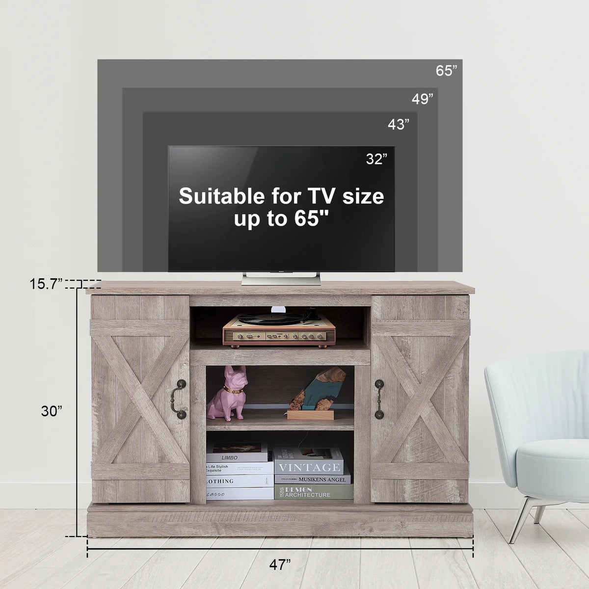 TV Stand for 65 Inch TV, Entertainment Center with Two Glass Barn Doors and Storage Cabinet Table, Farmhouse Style Media Console Table for Living Room(Coffee)
