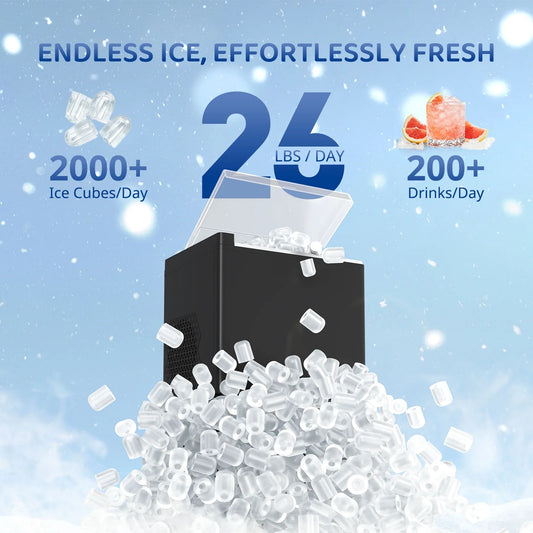 WETIE Countertop Ice Maker, 9 Bullet Ice Cubes in 6 Mins, 2 Ice Sizes, 26 lbs/24H with Removable & Washable Ice Tray & Scoop, with Self-Cleaning Function for Home/Kitchen/Camping/Party
