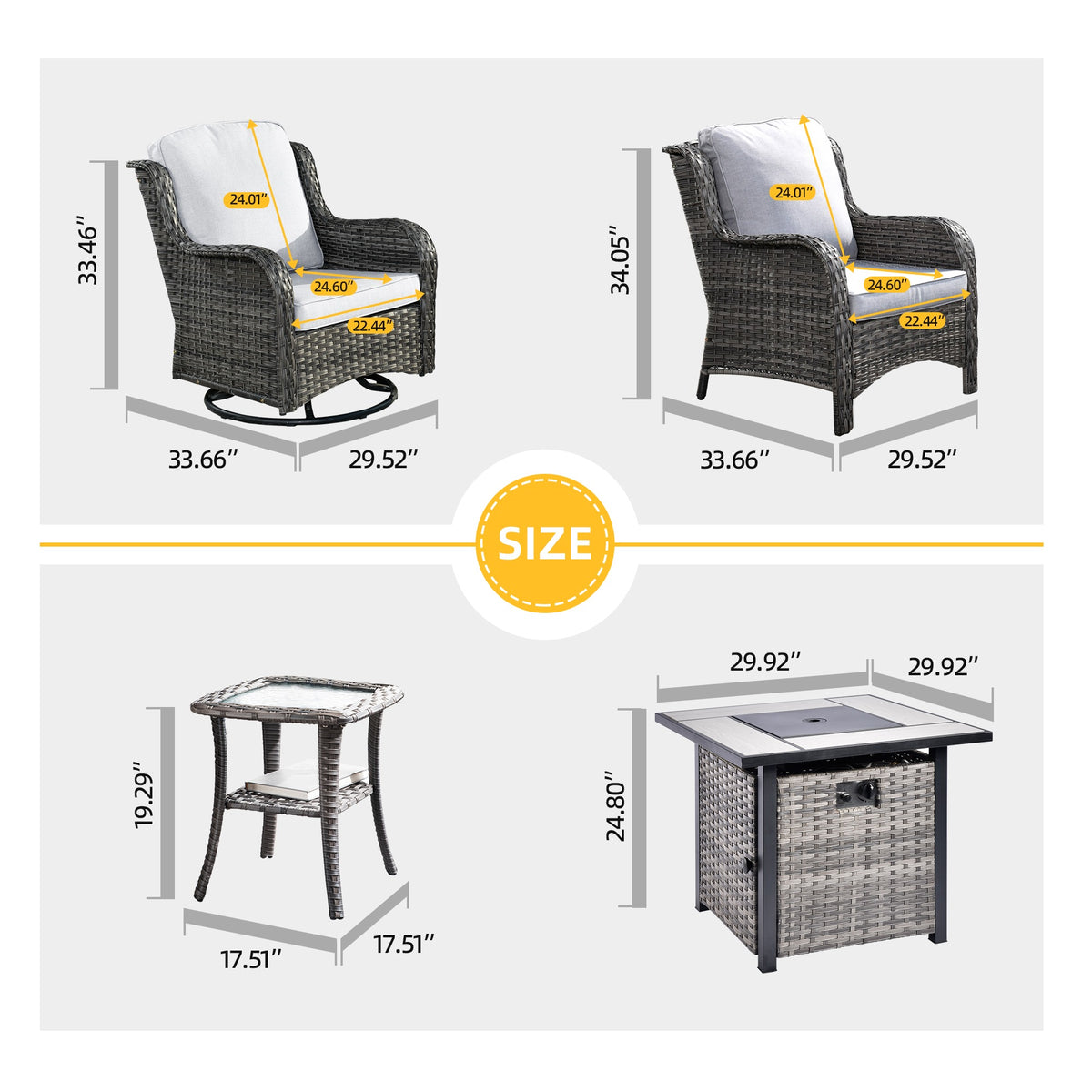 Ovios 6 Pieces Outdoor Furniture with CSA Fire Pit All Weather Wicker Patio Conversation Set with Single Chair for Porch