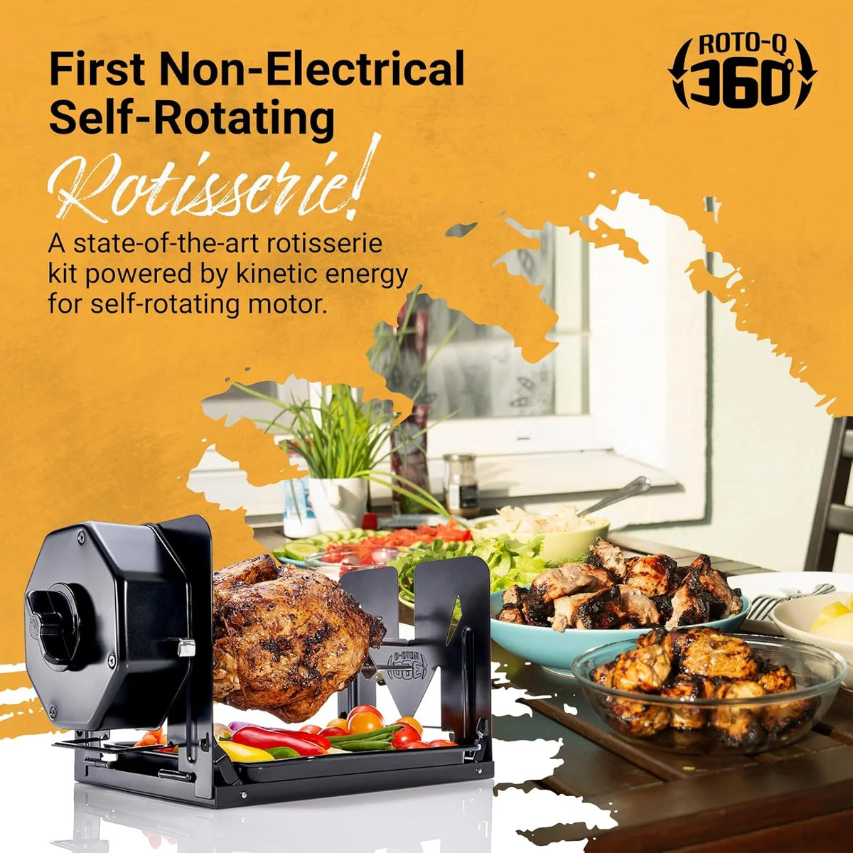 ROTO-Q 360 Cordless Stainless Steel Rotisserie Kit - Non-Electric for Grills, Ovens, BBQ, Smokers - Indoor/Outdoor