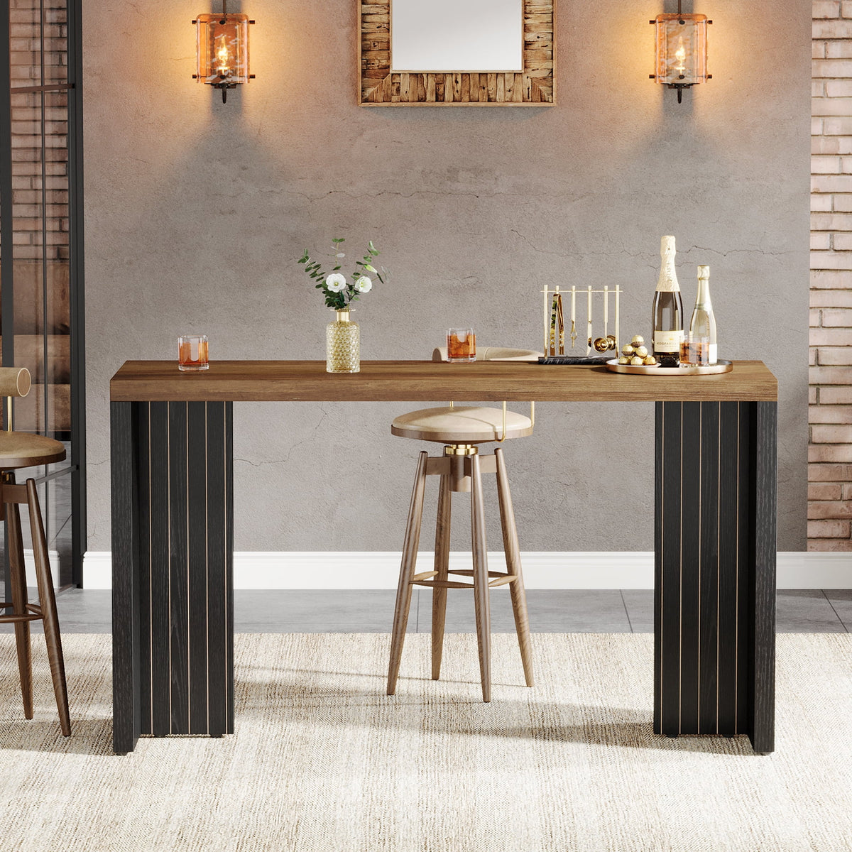 Tribesigns 55.12-Inch Bar Table, Home Bar Unit with a Faux Marble Finished Tabletop, Modern Freestanding Mini Bar for Home Kitchen, Living Room, Balcony, Basement, Walnut & White