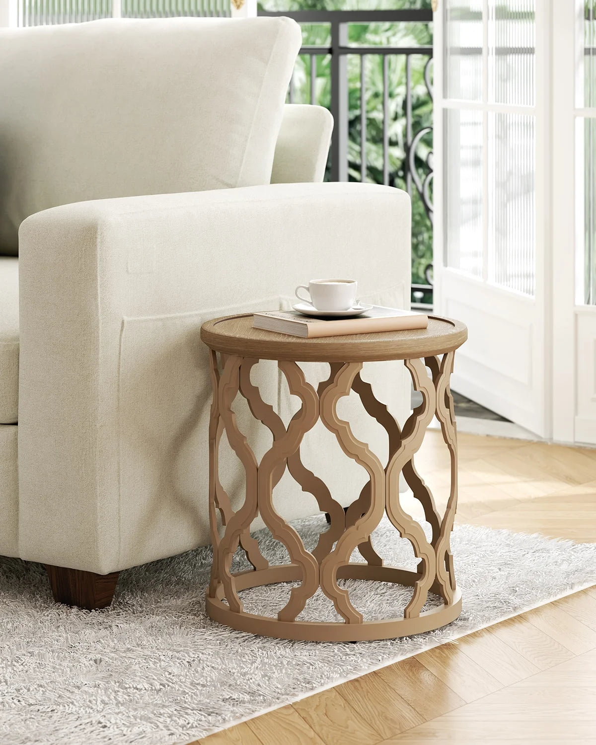 Bestco 30" Farmhouse Coffee Table, Round French Country Coffee Table, Distressed Wood Tray Top Vintage Coffee Table with Storage Shelf, Beige
