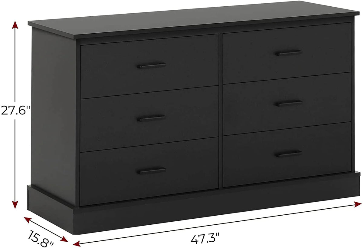 Black Double Dresser with 6 Drawers for Bedroom, Wood Large Chest of Drawers Storage Tower Clothes Organizer