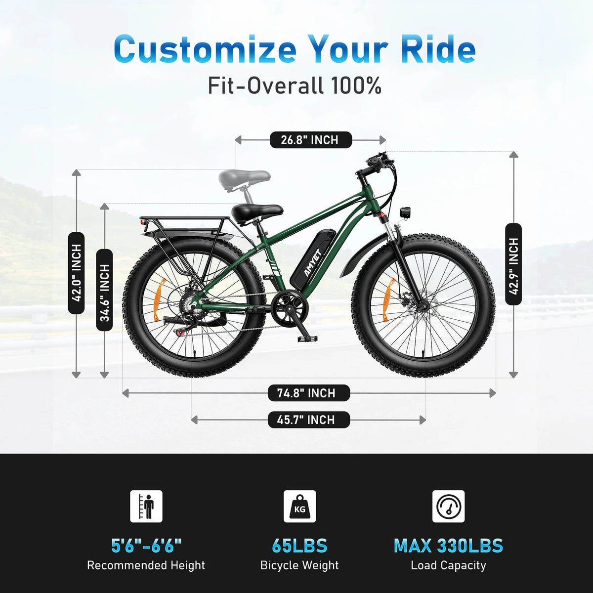 AMYET EB26 Electric Bike for Adults, 26*4.0 Fat Tire E-Mountain Bicycle,Peak 1500W Motor 48V 15Ah 7-Speed Ebike UL2849