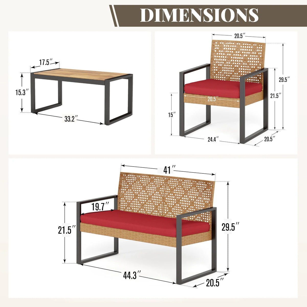 MF Studio 4-Piece All-Weather Rattan Patio Furniture Set, Outdoor Conversation Set with Wood Table, Brown and Beige