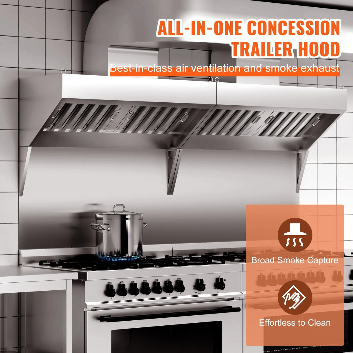 KFFKFF 9FT Stainless Steel Exhaust Hood for Commercial Use, Suitable for Food Trucks and Concession Trailers, Includes 4 Removable U-shaped Grease Filtration Meshes, Durable and Resists Corrosion