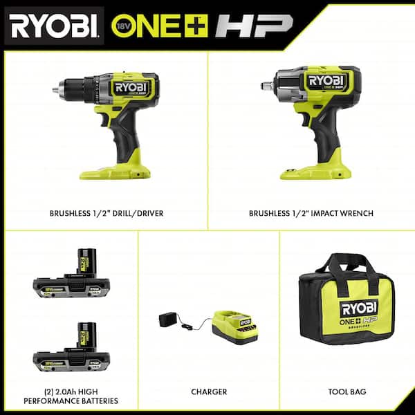 ONE+ HP 18V Brushless Cordless 2-Tool Combo Kit with Drill/Driver, Impact Wrench, Batteries, Charger, and Bag