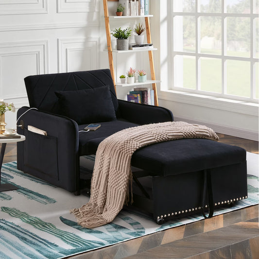 Lunale 3-in-1 Convertible Sleeper Chair Bed, Indoor Lounge Chair with USB/Type-C Charging Ports, Modern Recliner Sofa for Living Room, Gray Velvet