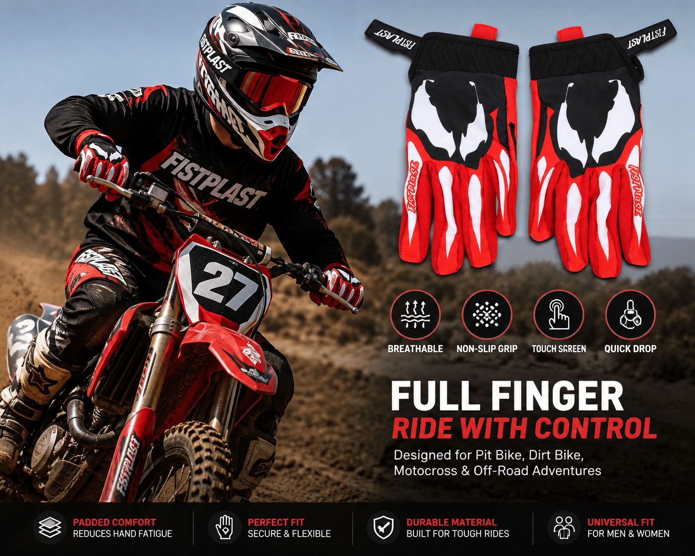 Pit bike rider wearing red FISTPLAST full-finger motocross gloves