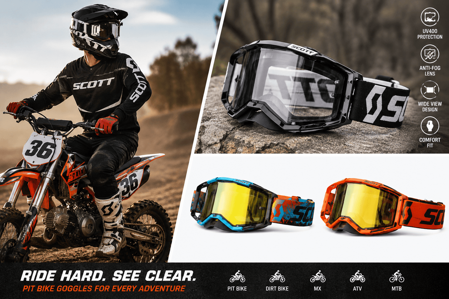 Pit Bike Motocross Goggles With Rider and Color Options