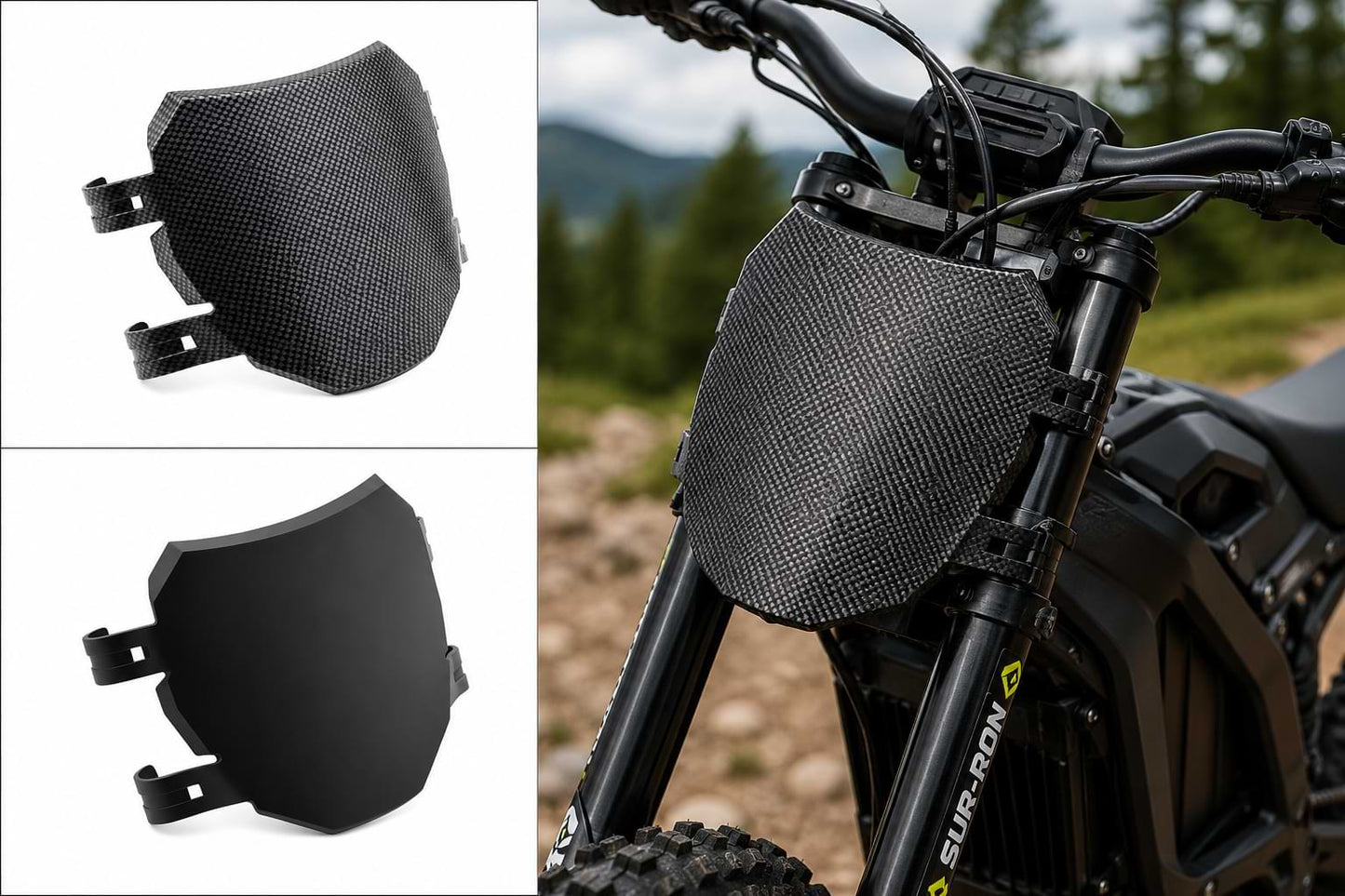 Universal carbon fiber style front number plate installed on Surron Light Bee X electric pit bike with product detail views