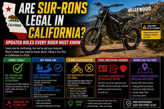 Sur-Ron electric dirt bike in California with legal riding rules, registration, and off-road use information