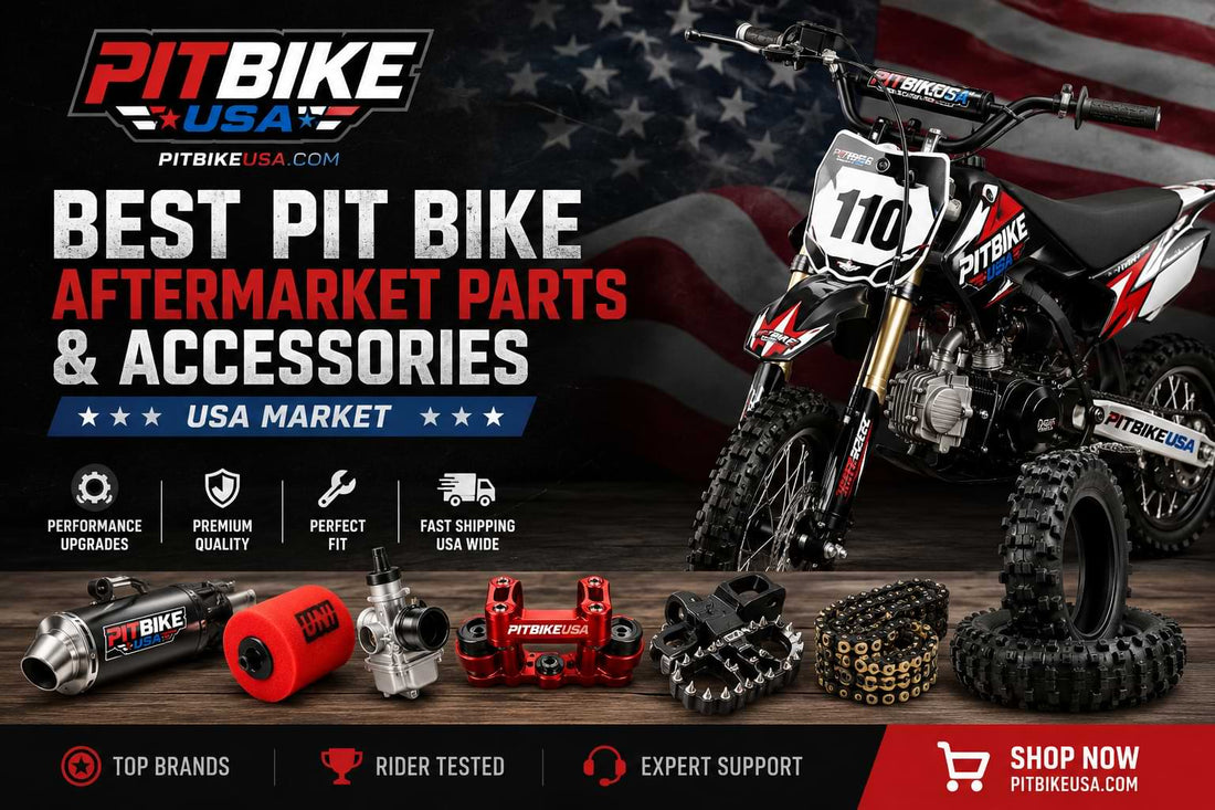 Best pit bike aftermarket parts and accessories for the USA market featuring performance exhaust, air filter, foot pegs, chain kit, and motocross pit bike from PitBikeUSA.