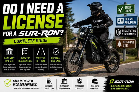 Sur-Ron electric dirt bike rider on public road with license and street legal signs