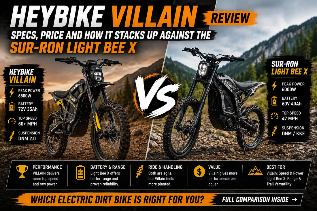 HeyBike Villain and Sur-Ron Light Bee X electric dirt bikes side by side on a rugged mountain trail, comparing performance, specifications, price, and off-road capability.