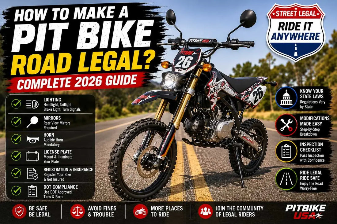 Street legal pit bike with headlights mirrors and license plate riding on public road