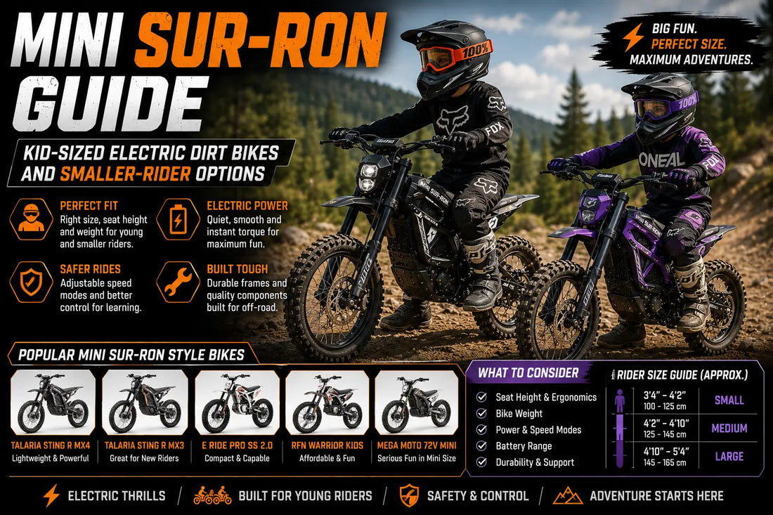 Young riders on mini Sur-Ron style electric dirt bikes riding safely on an off-road trail, highlighting compact electric bikes designed for kids and smaller riders.