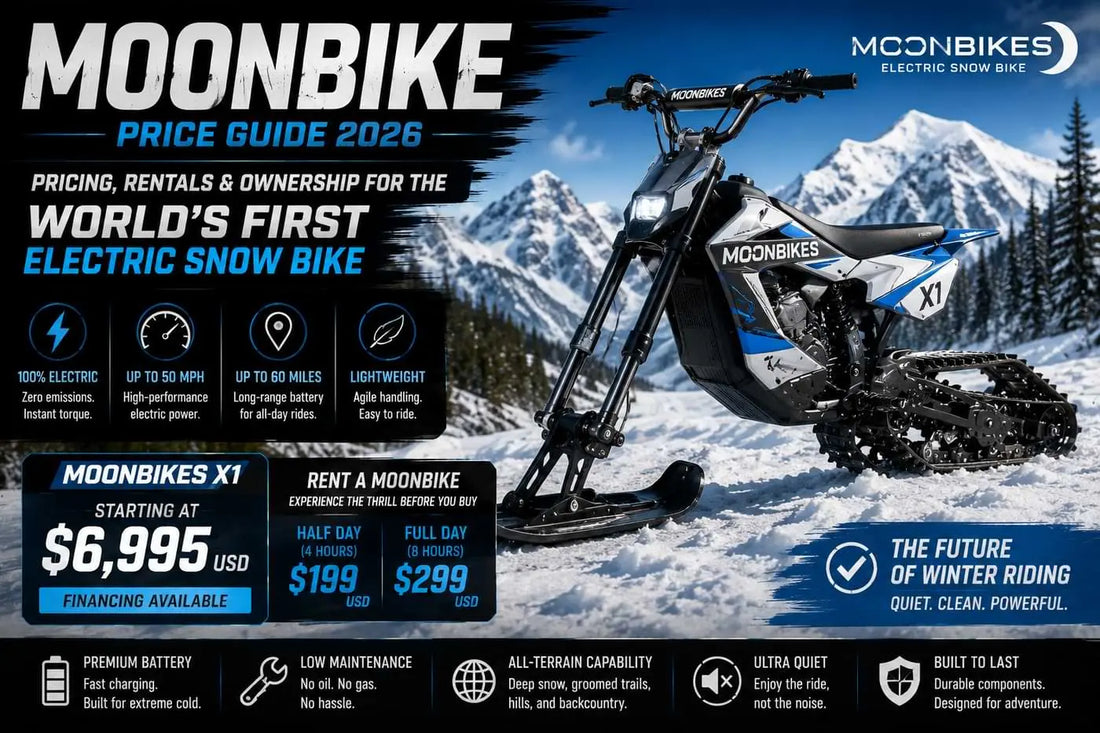MoonBike electric snow bike on snowy mountain terrain with pricing and rental information