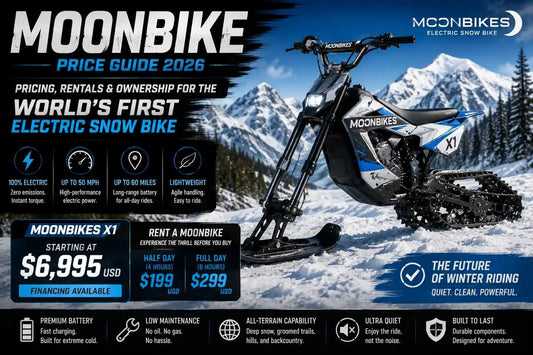 MoonBike electric snow bike on snowy mountain terrain with pricing and rental information
