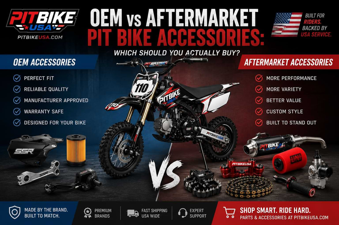 OEM vs aftermarket pit bike accessories comparison featuring performance parts, replacement components, and upgrade options from PitBikeUSA.