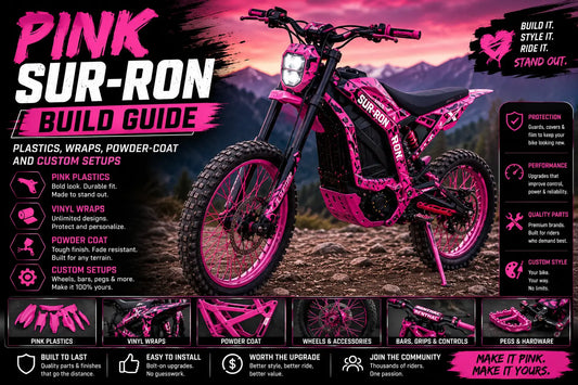 Custom pink Sur-Ron Light Bee X with pink plastics, vinyl wrap, powder-coated frame, and upgraded off-road components displayed on a mountain trail.