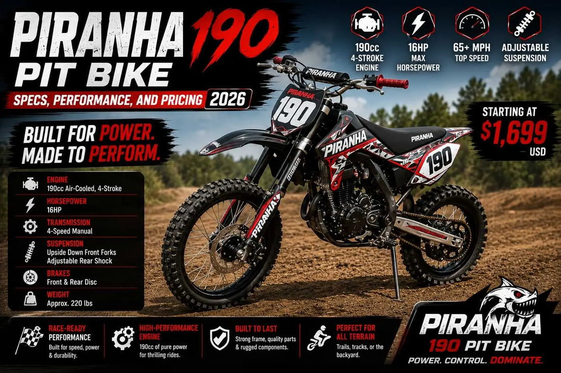 Piranha 190 pit bike showing 190cc engine specs performance and top speed details