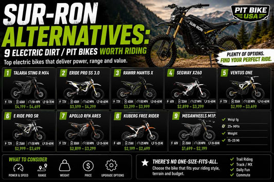 Sur-Ron alternatives comparison featuring electric dirt bikes and pit bikes from Talaria, E Ride Pro, Rawrr, Segway, and Ventus
