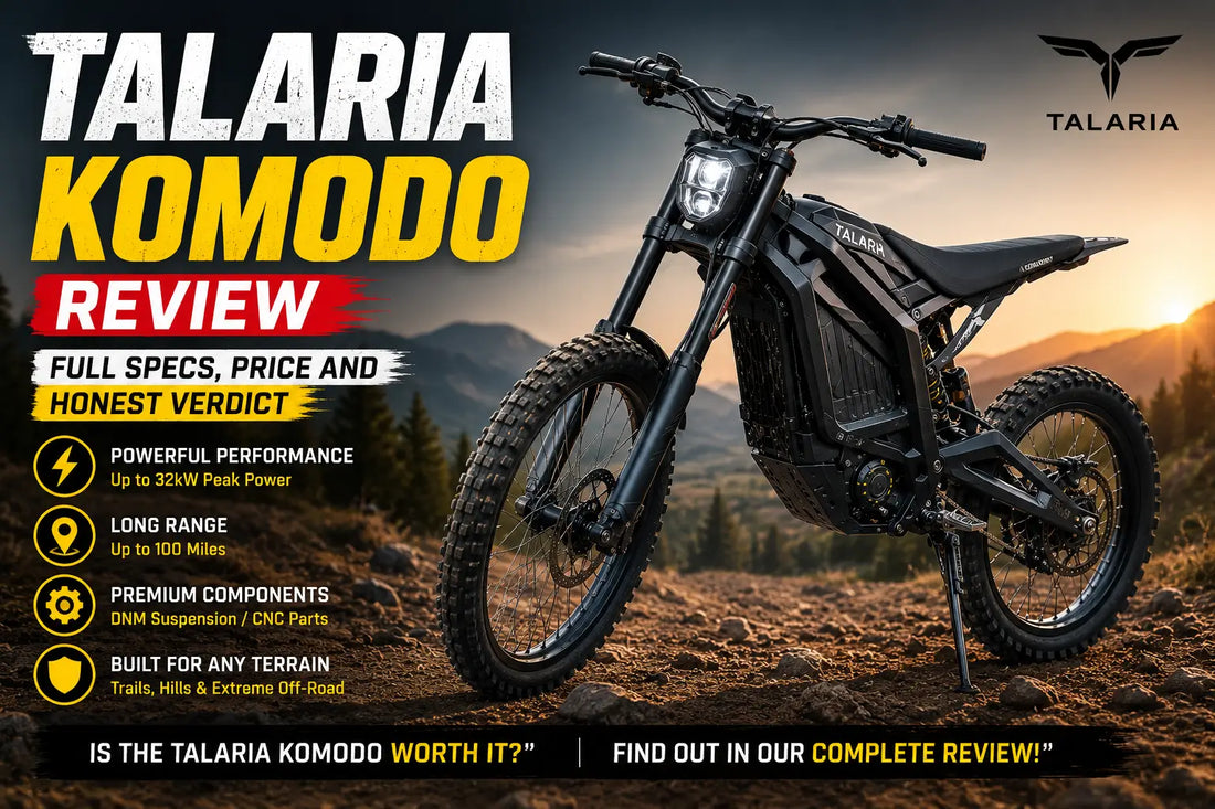 Talaria Komodo electric dirt bike on a rugged mountain trail showcasing its high-performance suspension, powerful electric motor, and premium off-road design.