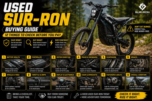 Used Sur-Ron Light Bee X parked on an off-road trail with inspection points highlighting battery, motor, suspension, frame, brakes, and overall condition before purchase.