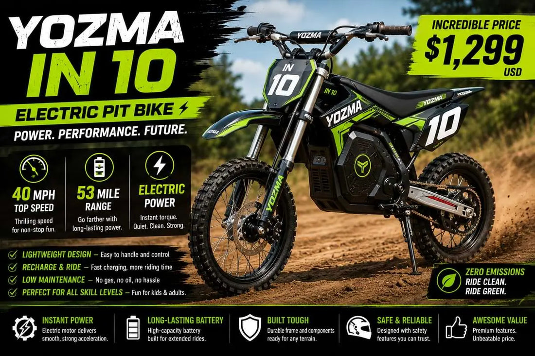 Yozma IN 10 electric pit bike showing 40 MPH speed and 53-mile battery range