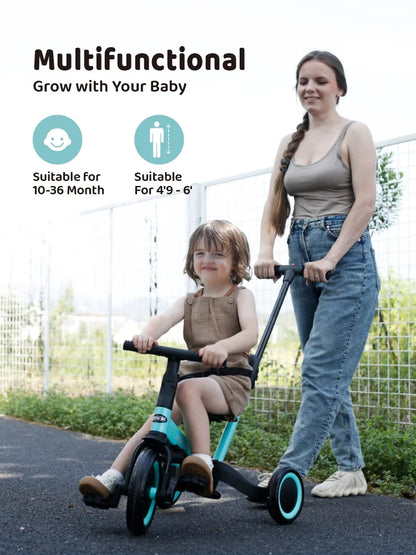 newyoo TR008 5-in-1 Toddler Tricycle with Push Handle, Converts to Balance Bike for 1-3 Year Old, Khaki