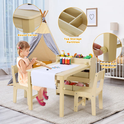 Pirecart Kids Art Table and 2 Chairs Toddler Craft Set Wooden Play Activity Drawing Table with 4 Storage Bins and Paper Roll