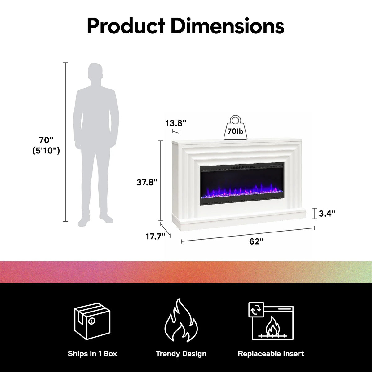 CosmoLiving by Cosmopolitan Rene Electric Fireplace Mantel 65" TV Stand with Multi-Color Flame and Crystal Ember Bed, Black