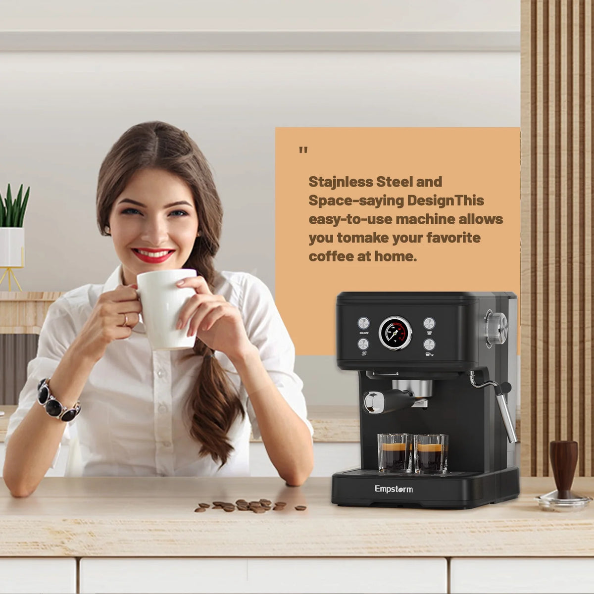 Empstorm 20 Bar Espresso Machine with Milk Frother Steam Wand, 3-in-1 Coffee Maker, Compatible with NS Pods, Stainless Steel, for Latte & Cappuccino, Beige