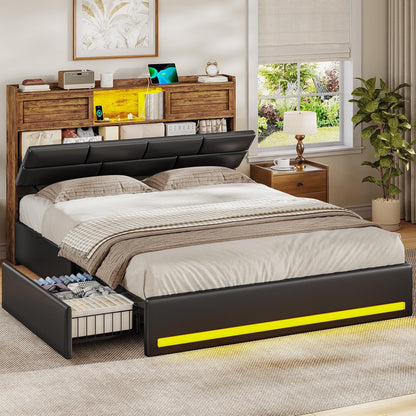 Twin Bed Frame with Bookcase Headboard and Storage, Barn Doors Twin Size Upholstered Beds with 4 Under Bed Storage Drawers & Charging Station & LED Lights, Grey
