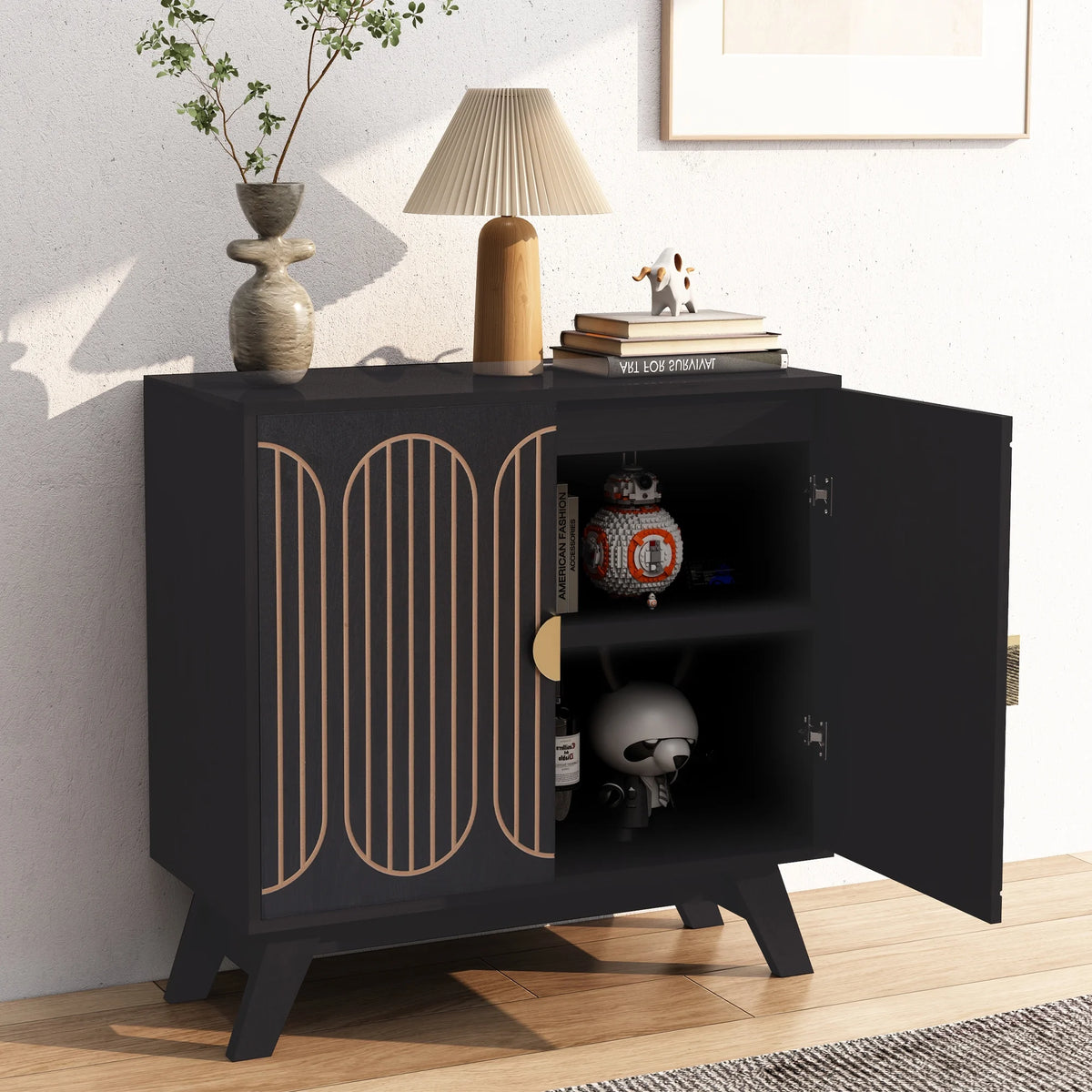 LEFHDA 2PCS Buffet Cabinet, Sideboard Cabinet with Storage, Accent Storage Cabinet with Carved Arc Door Design for Kitchen Dining Room, 2 Doors Buffet Cabinet with Adjustable Shelves