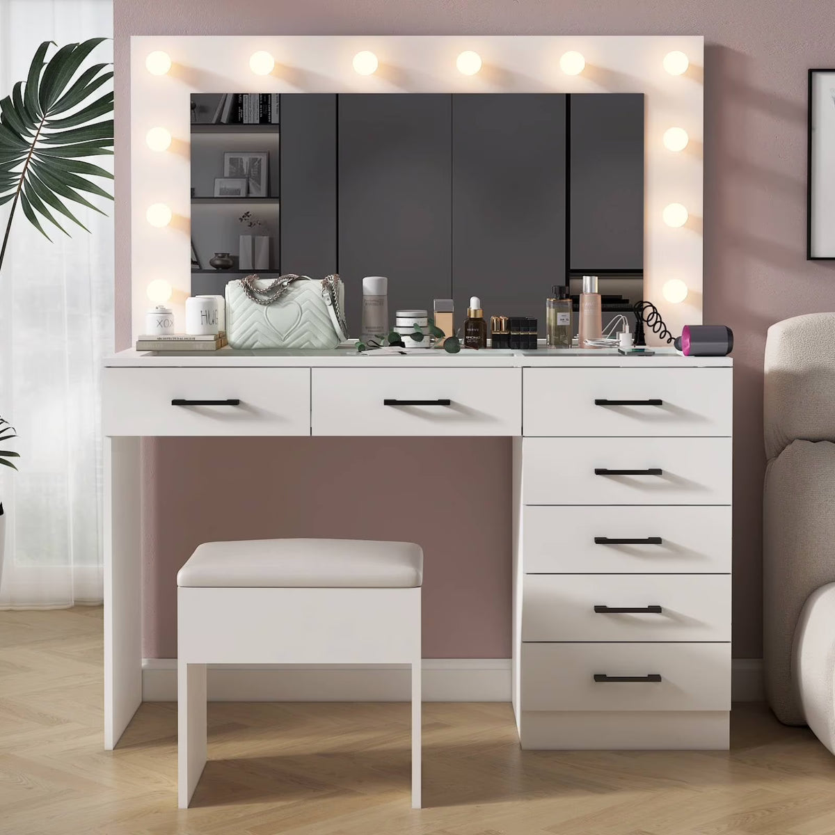 Ktaxon Large Makeup Vanity, Vanity Table Set w/ Visible Glass Top w/ Charging Station, White
