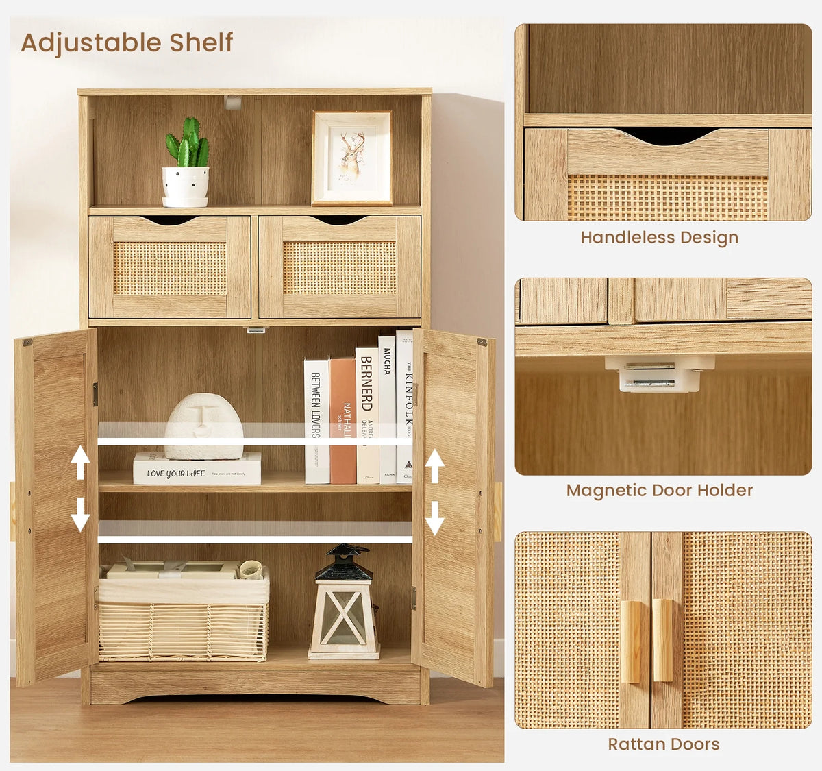 FANGSUM Rattan Storage Cabinet with 2 Drawers & 2 Shelves, Floor Cabinet for Living Room