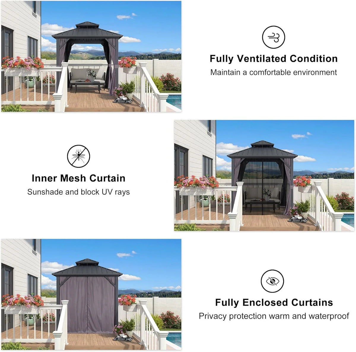 PURPLE LEAF 8' X 8' Gazebo Outdoor Gazebo Permanent Hardtop Gazebo with Galvanized Steel Double Roof for Patio Backyard Deck Aluminum Gazebo with Netting and Curtains Grey