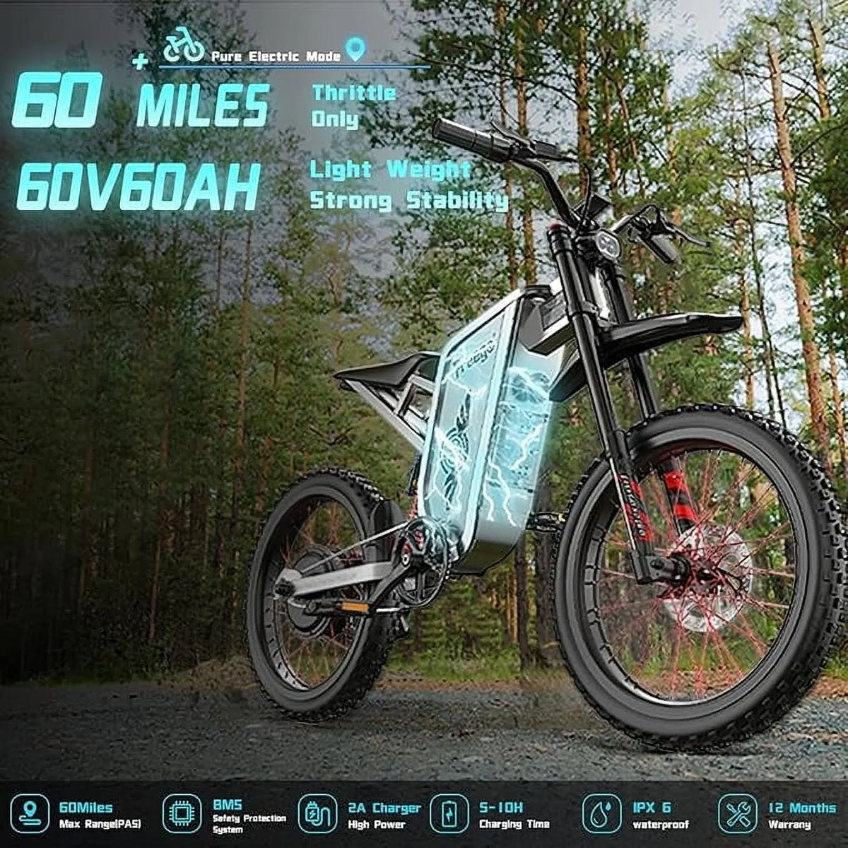 6000W(Peak) Motor 60V/30Ah Battery Freego X2Pro Electric Motorcycle for Adults, Electric Bike ,50MPH/7 Speed Off Road Electric Bicycle,19x2 Full Suspension/Four-Piston Hydraulic Brake UL2849MTB