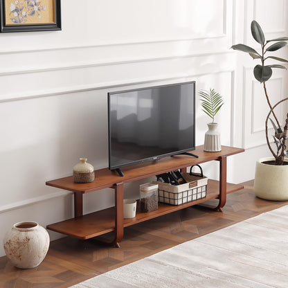 Bamboo TV Stand for Up to 65 Inch, Mid Century Modern Entertainment Center with 2-Tier Open Shelves, Storage Media Console Table for Living Room, Bedroom, Walnut
