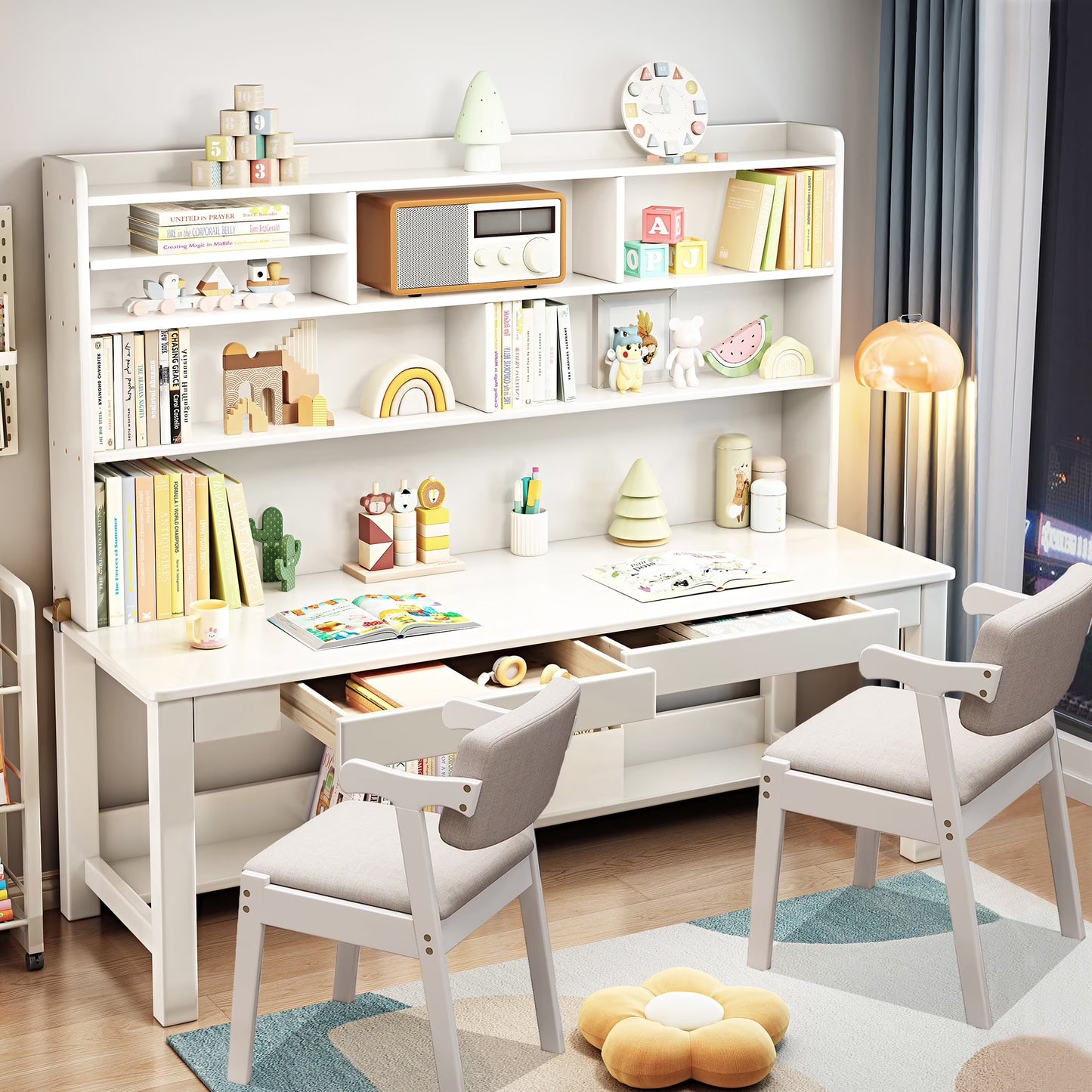 BALANBO Wooden Kids Desk Desk with Hutch for Children,Solid Wood Desk Two Positions Suitable for Two People, Suitable for Children's Study, Adult Home Office and Other Places(White)