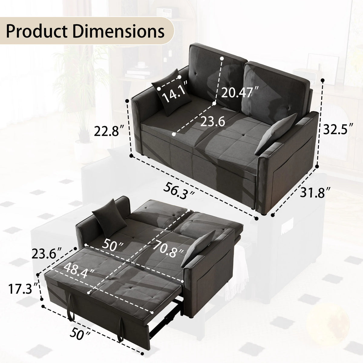 Convertible Sofa Bed,3-in-1 Sleeper Sofa with Pull Out Bed,Velvet Highly Elastic Sponge Futon Couch Loveseat with Adjustable Backrest and 2 Pillows for Living Room,Gray