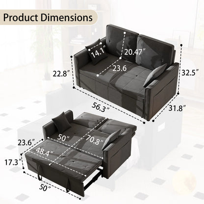 Convertible Sofa Bed,3-in-1 Sleeper Sofa with Pull Out Bed,Velvet Highly Elastic Sponge Futon Couch Loveseat with Adjustable Backrest and 2 Pillows for Living Room,Gray