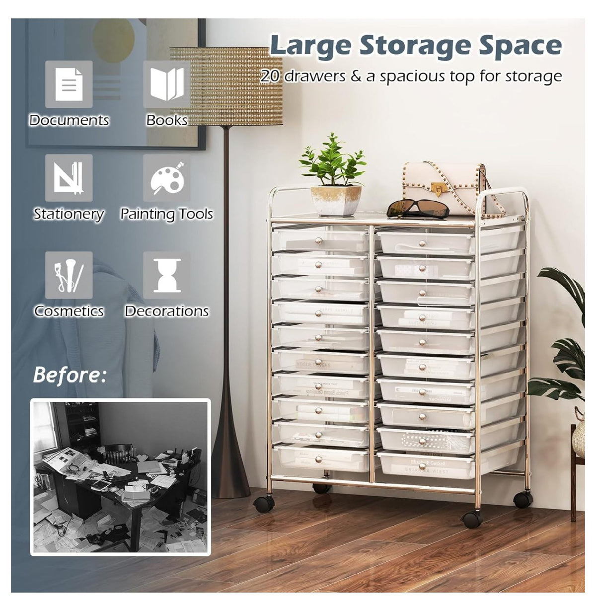 20 Drawers Storage Cart w/Rolling Wheels, Semi-Transparent Mobile Rolling Drawer Cart for School Classroom Office Home Salon, Files Scrapbook Craft Organizer, Utility Cart on Wheels (Clear)