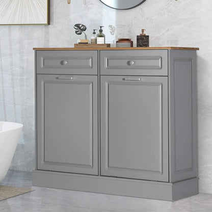 Eclife 20 Gallons Double Tilt Out Trash Cabinet Wood Tabletop, Upgrade Gray, WB010GY