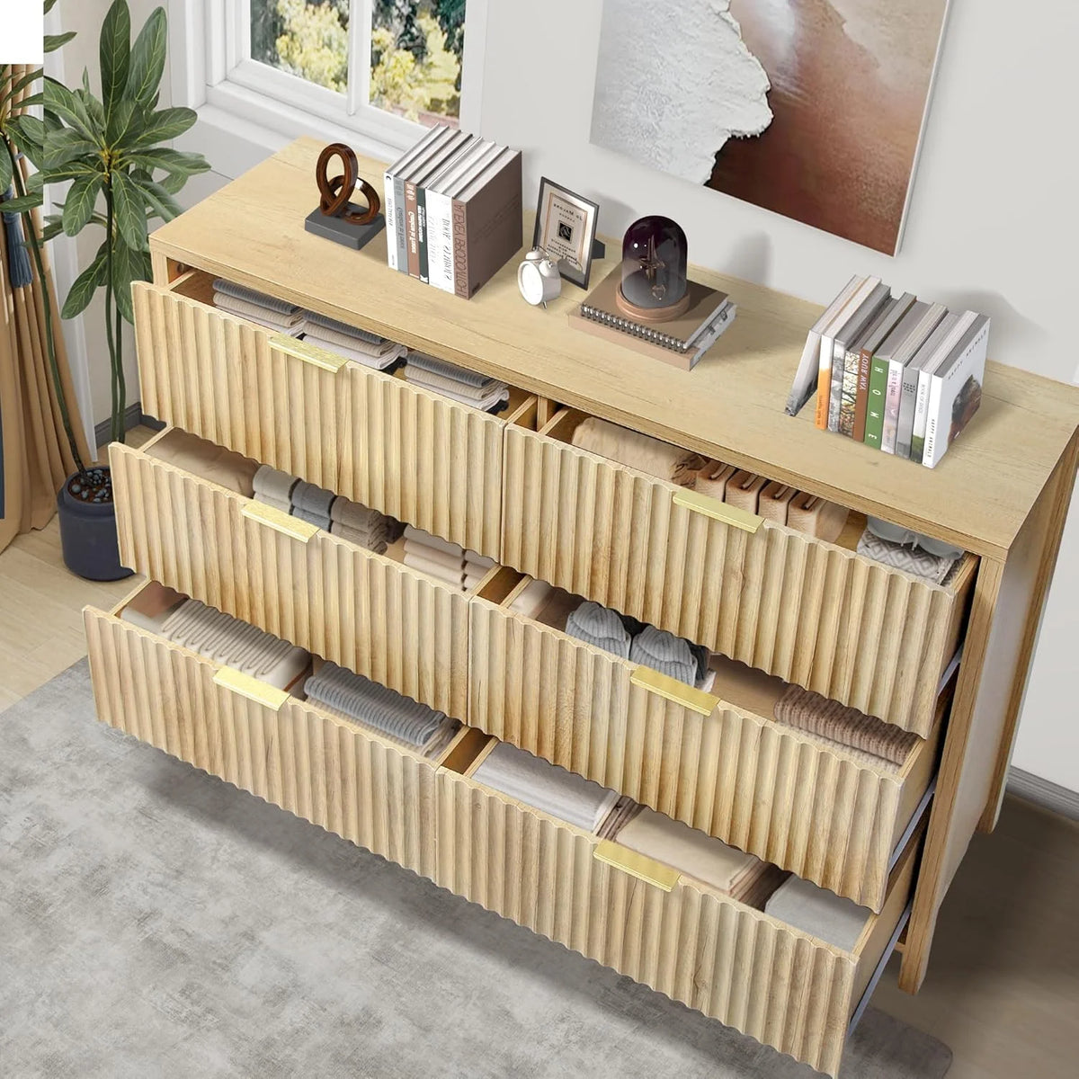 Magic Union Fluted 6 Drawers Dresser for Bedroom, 54" Wide Chest of Drawers with Thick Plank Styling, Wooden Storage Drawer Organizer for Bedroom, Living Room,Hallway, Entryway, Brown