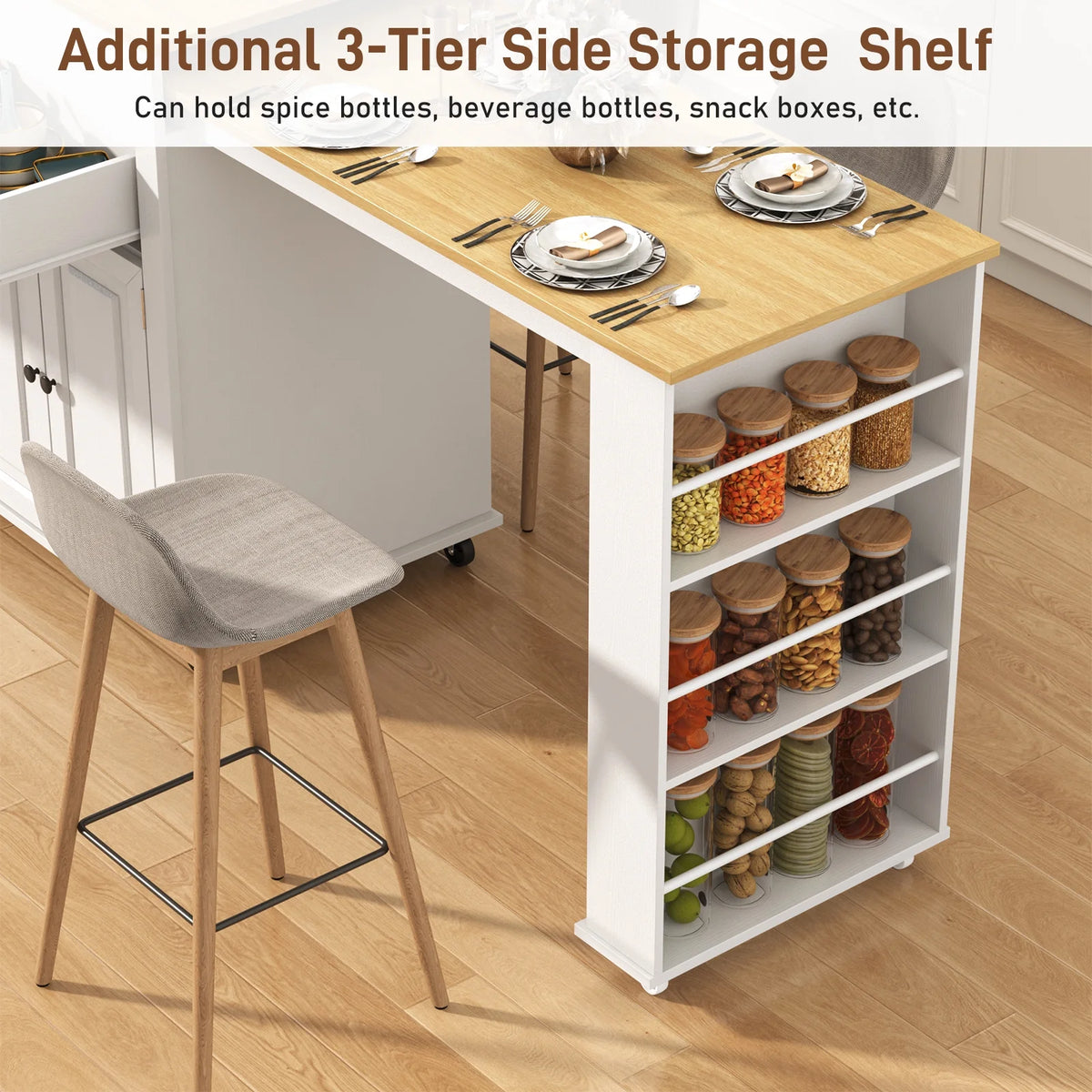 ANPOO Large Kitchen Island with Extendable Dining Table and Power Outlet, Rolling Kitchen Island Cart on Wheels with 2 Storage Cabinets & 2 Drawers & 3 Spice Racks, Island Table for Kitchen